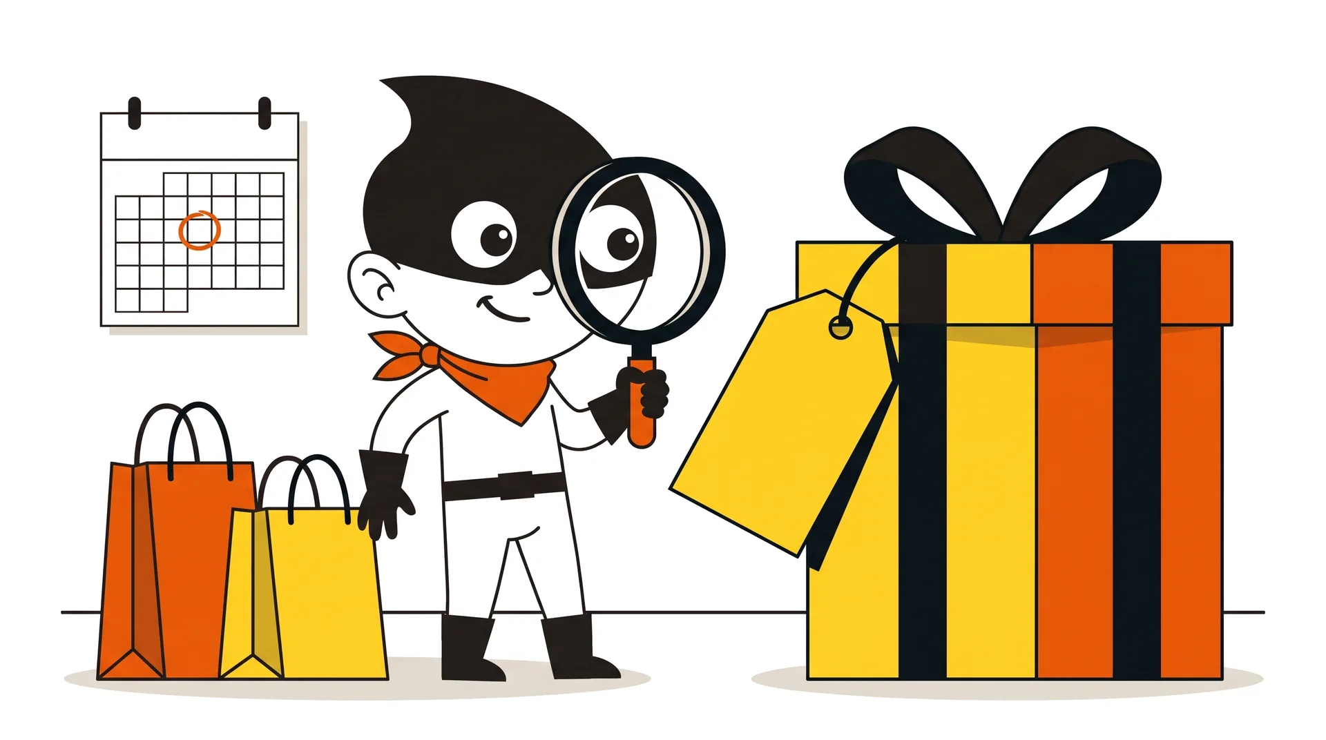 Tegning: Rabatbandittens maskot kigger med en lup på et stort gult prismærke på en gave, med en kalender og to indkøbsposer ved siden af