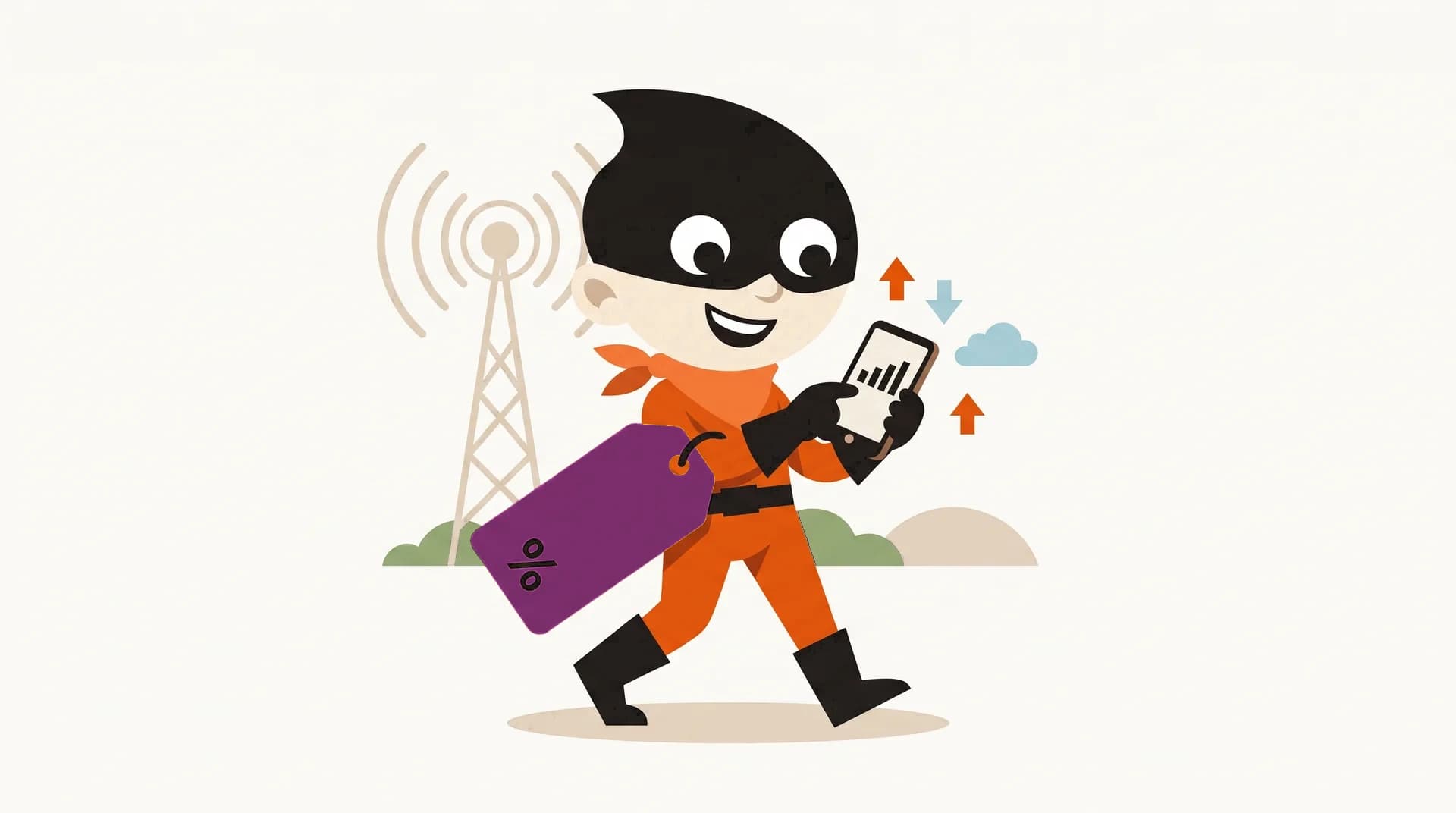 Tegning: Rabatbandittens maskot med en mobiltelefon med fuldt signal, en mobilmast og et tilbudsmærke
